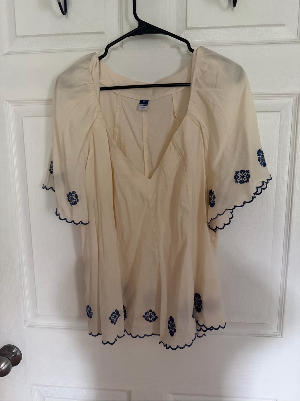 Old Navy Cream Peasant Blouse with Navy Embroidery